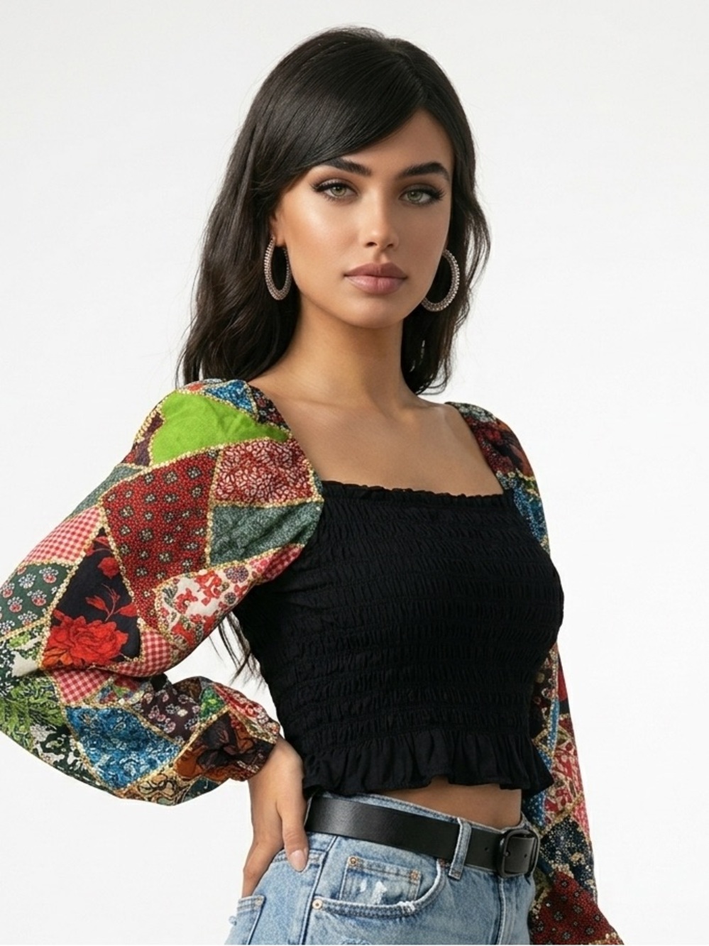Anthropologie Let Me Be Black Bodice Patchwork Floral Puff-Sleeve Top